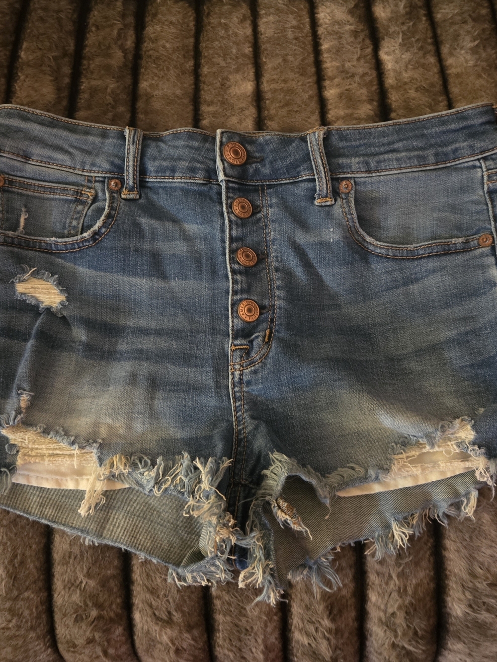 American Eagle Hi-Rise Shortie Distressed Blue Denim Button-Front Shorts